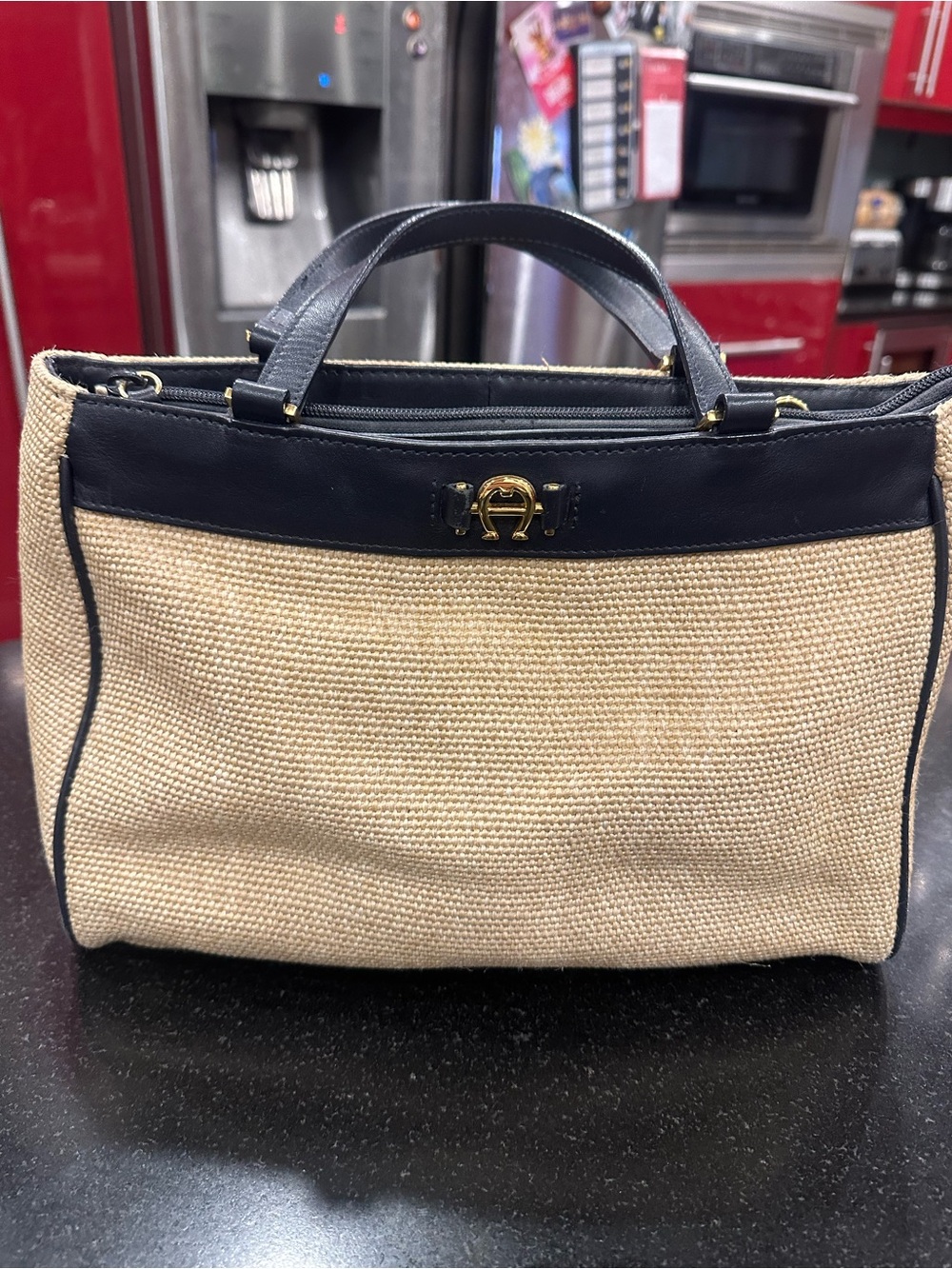 VTG Etienne Aigner Woven Straw Satchel Handbag Blue Leather Trim Gold Logo